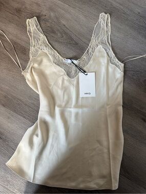 Mango Cream Lace-Trim Satin Slip Top